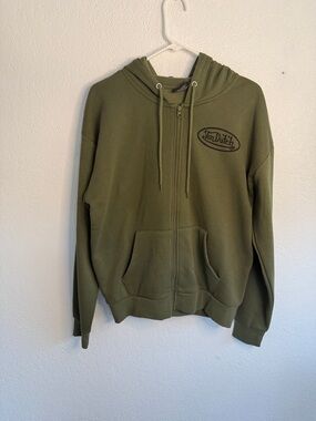 Von Dutch Green Zip-Up Hoodie Embroidered Logo Oversized Streetwear Size S